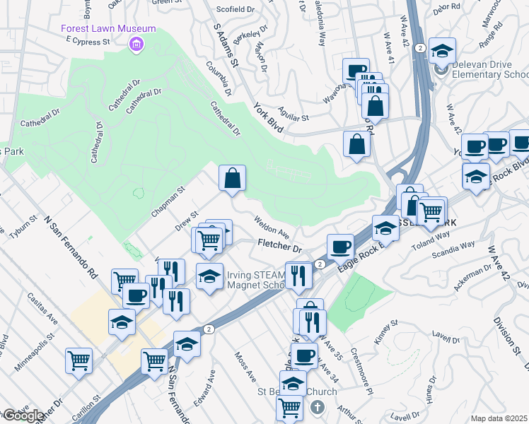 map of restaurants, bars, coffee shops, grocery stores, and more near 3074 Roderick Place in Los Angeles