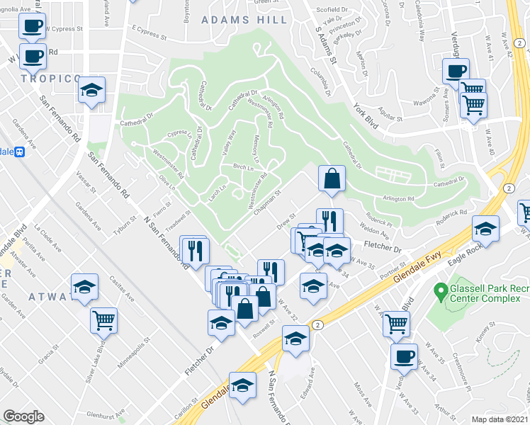 map of restaurants, bars, coffee shops, grocery stores, and more near 3221 Estara Avenue in Los Angeles