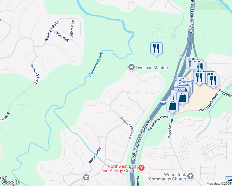 map of restaurants, bars, coffee shops, grocery stores, and more near 4083 Dream Catcher Drive in Woodstock