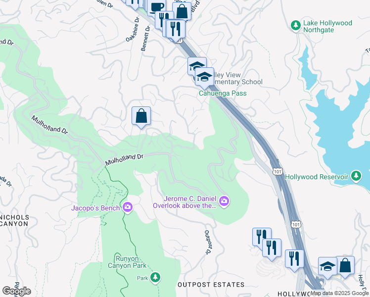 map of restaurants, bars, coffee shops, grocery stores, and more near 7028 Pacific View Drive in Los Angeles
