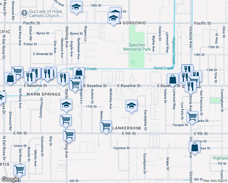 map of restaurants, bars, coffee shops, grocery stores, and more near 7337 McKinley Avenue in San Bernardino