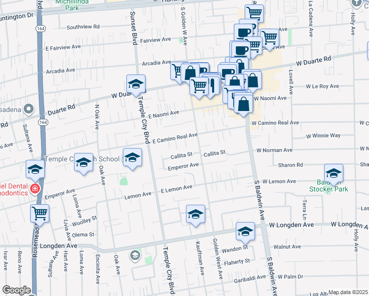 map of restaurants, bars, coffee shops, grocery stores, and more near 9722 East Camino Real Avenue in Arcadia
