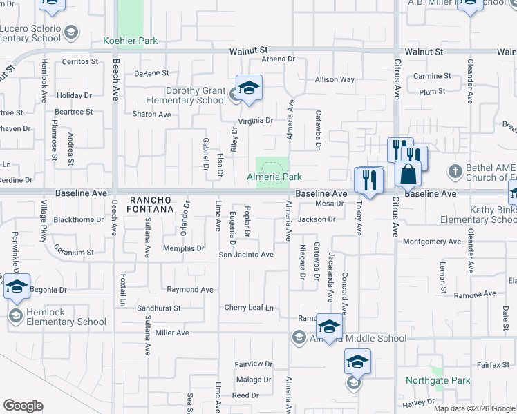 map of restaurants, bars, coffee shops, grocery stores, and more near 15723 Mimosa Court in Fontana
