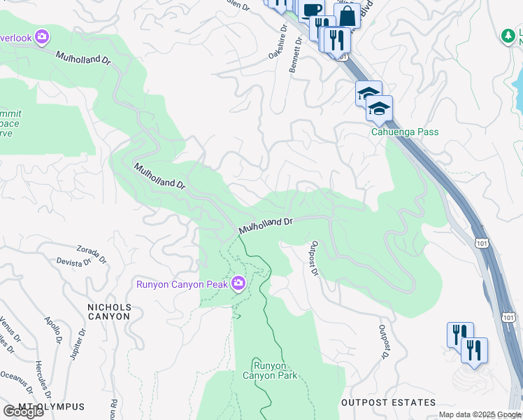 map of restaurants, bars, coffee shops, grocery stores, and more near 7291 Pacific View Drive in Los Angeles