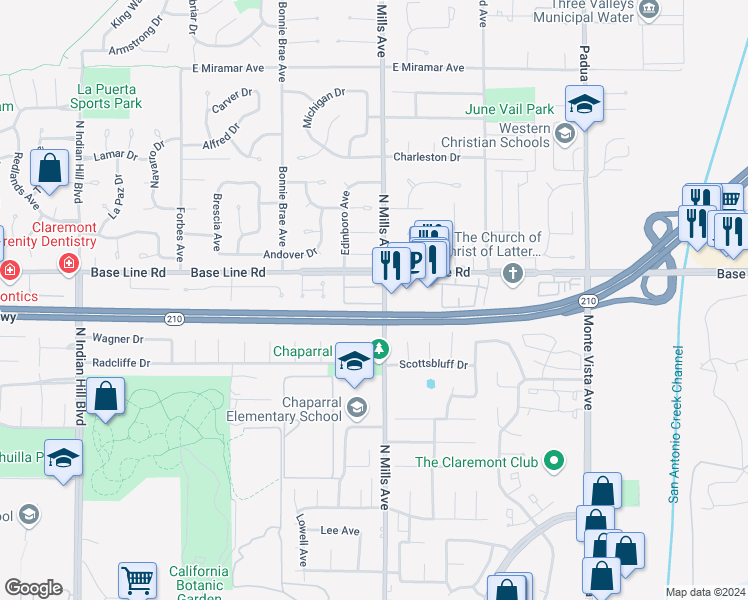 map of restaurants, bars, coffee shops, grocery stores, and more near 429 Warner Street in Claremont