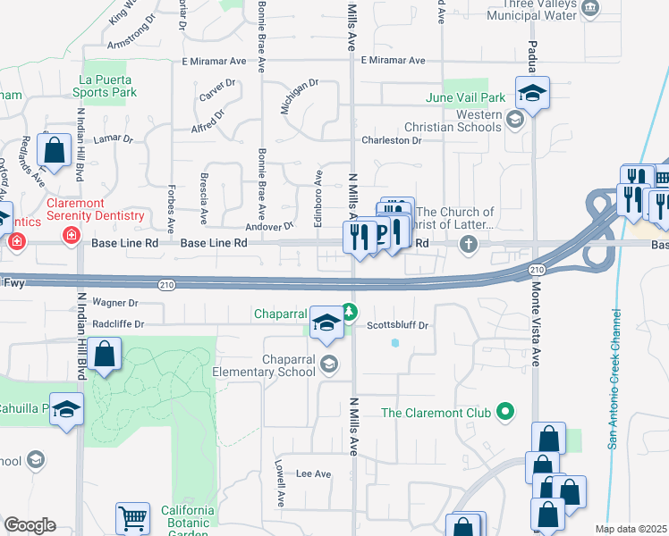 map of restaurants, bars, coffee shops, grocery stores, and more near 417 Warner Street in Claremont
