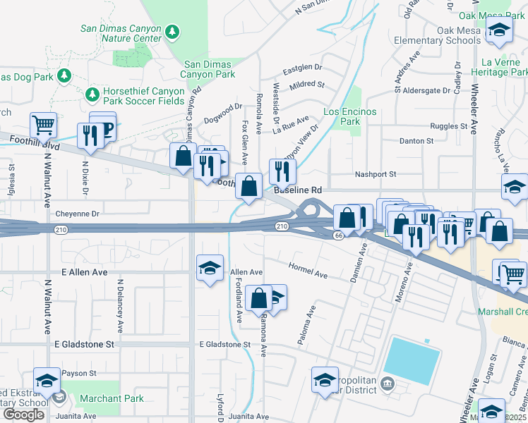 map of restaurants, bars, coffee shops, grocery stores, and more near 4515 Ramona Avenue in La Verne