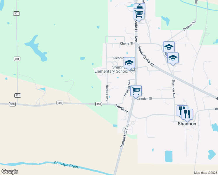 map of restaurants, bars, coffee shops, grocery stores, and more near 167 Barbee Avenue in Shannon