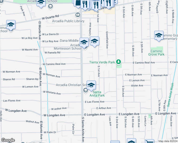 map of restaurants, bars, coffee shops, grocery stores, and more near 2 East Winnie Way in Arcadia