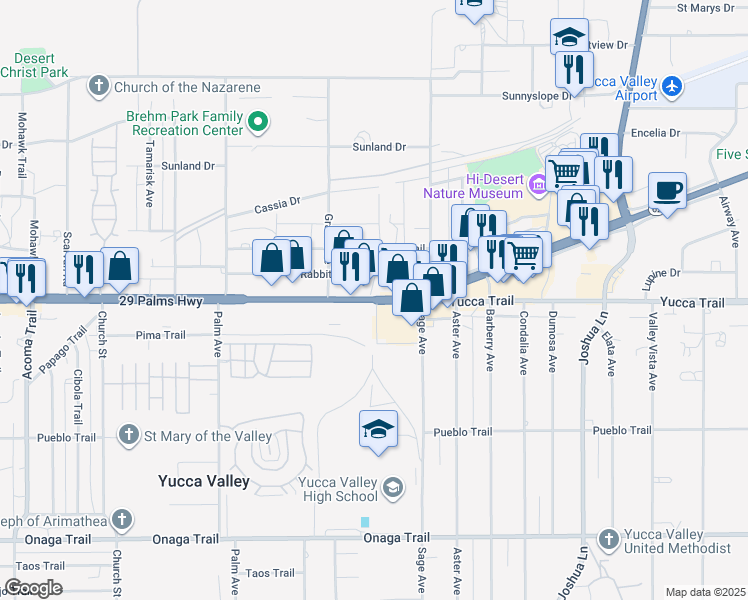 map of restaurants, bars, coffee shops, grocery stores, and more near 29 Palms Highway in Yucca Valley