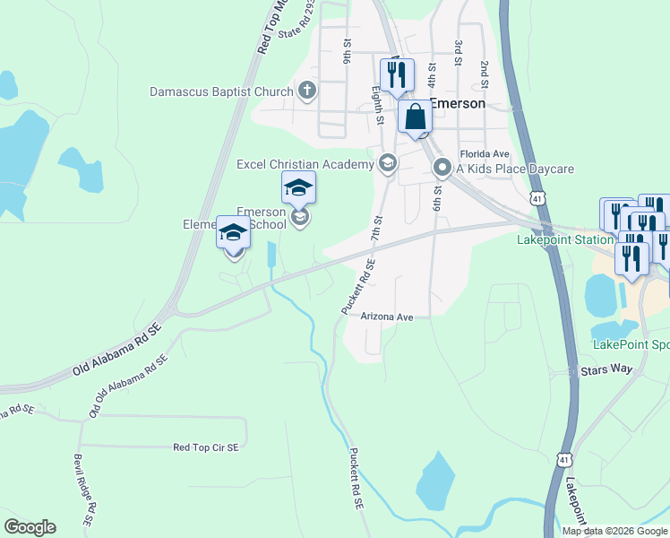map of restaurants, bars, coffee shops, grocery stores, and more near 155 Old Alabama Road Southeast in Emerson
