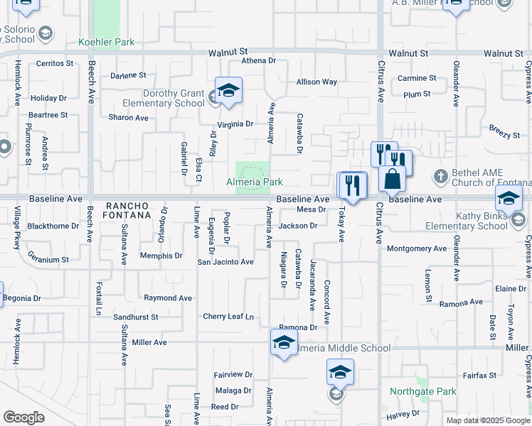 map of restaurants, bars, coffee shops, grocery stores, and more near 15789 Mimosa Court in Fontana