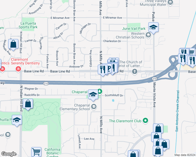 map of restaurants, bars, coffee shops, grocery stores, and more near 429 Warner Street in Claremont