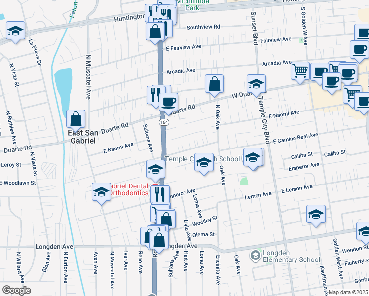 map of restaurants, bars, coffee shops, grocery stores, and more near 9055 Ardendale Avenue in San Gabriel