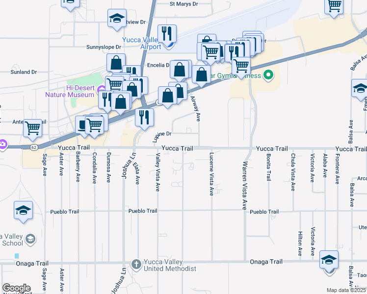 map of restaurants, bars, coffee shops, grocery stores, and more near 57430 Yucca Trail in Yucca Valley