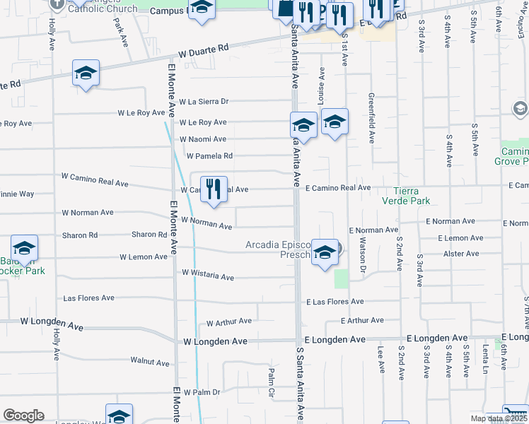 map of restaurants, bars, coffee shops, grocery stores, and more near 42 West Winnie Way in Arcadia