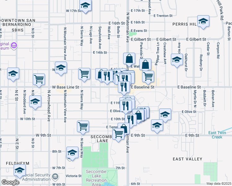 map of restaurants, bars, coffee shops, grocery stores, and more near 252 East Orange Street in San Bernardino