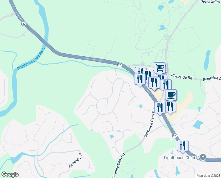map of restaurants, bars, coffee shops, grocery stores, and more near 6432 Mountain Ridge Circle in Sugar Hill