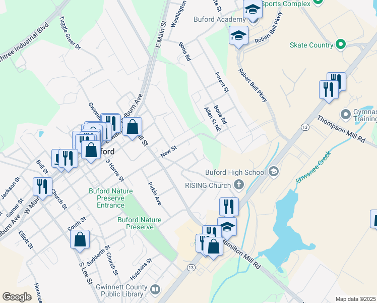 map of restaurants, bars, coffee shops, grocery stores, and more near 470 William Street in Buford