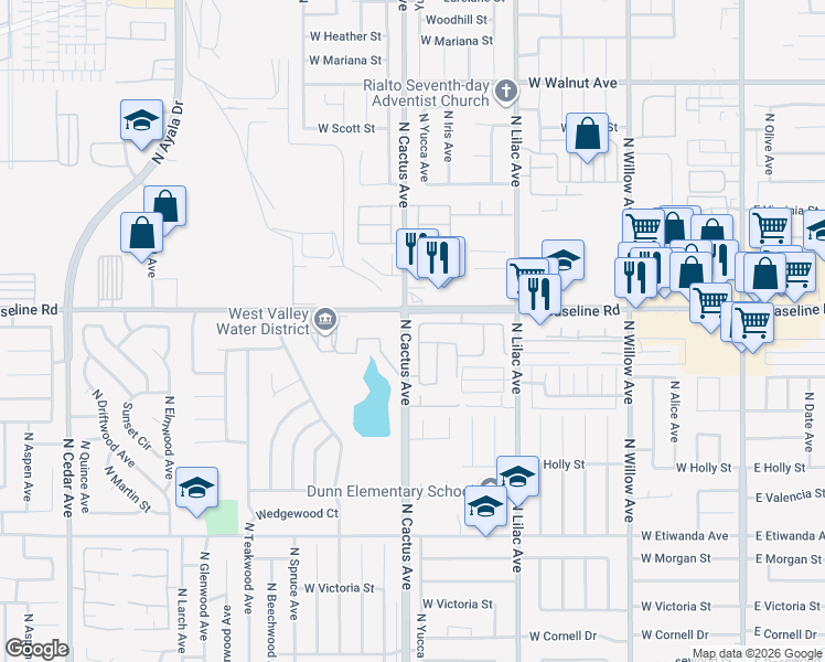 map of restaurants, bars, coffee shops, grocery stores, and more near 1132 North Yucca Avenue in Rialto