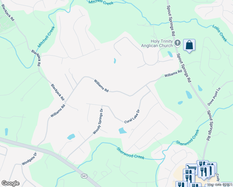 map of restaurants, bars, coffee shops, grocery stores, and more near 7251 Williams Road in Flowery Branch