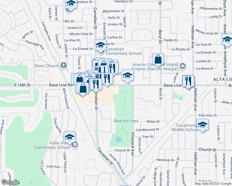 map of restaurants, bars, coffee shops, grocery stores, and more near 8825 Base Line Road in Rancho Cucamonga