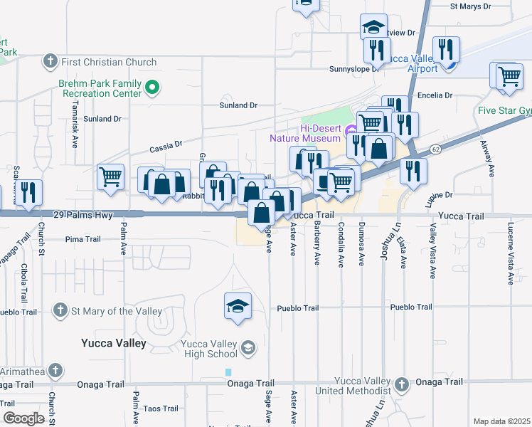 map of restaurants, bars, coffee shops, grocery stores, and more near 29 Palms Highway in Yucca Valley