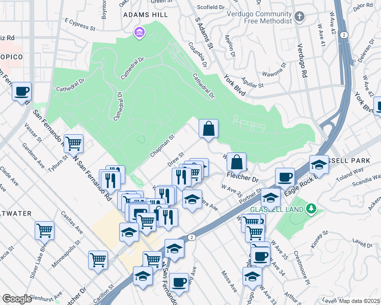 map of restaurants, bars, coffee shops, grocery stores, and more near 3336 Drew Street in Los Angeles