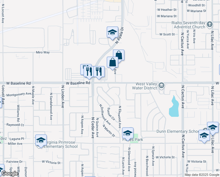map of restaurants, bars, coffee shops, grocery stores, and more near 1360 North Elmwood Avenue in Rialto