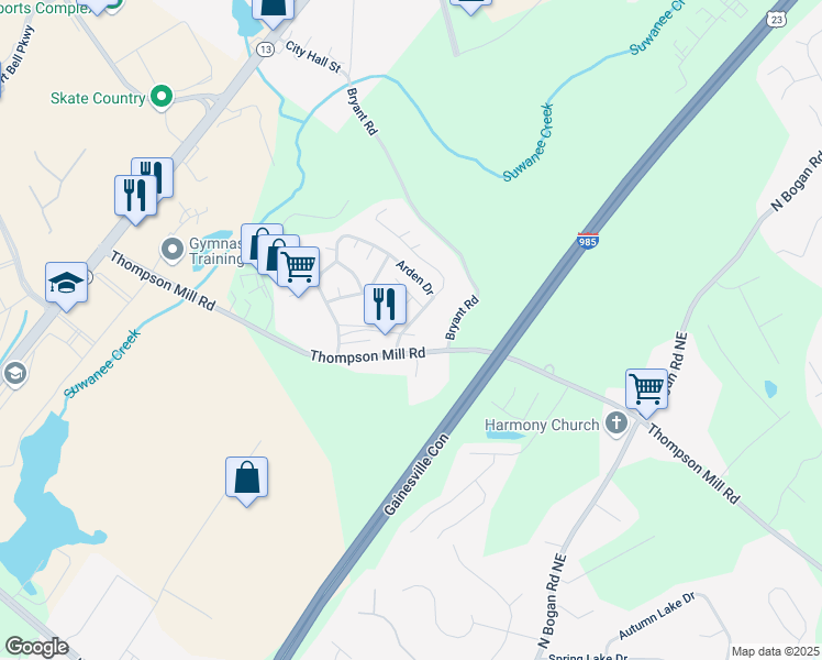 map of restaurants, bars, coffee shops, grocery stores, and more near 2879 Pebblebrook Drive in Buford
