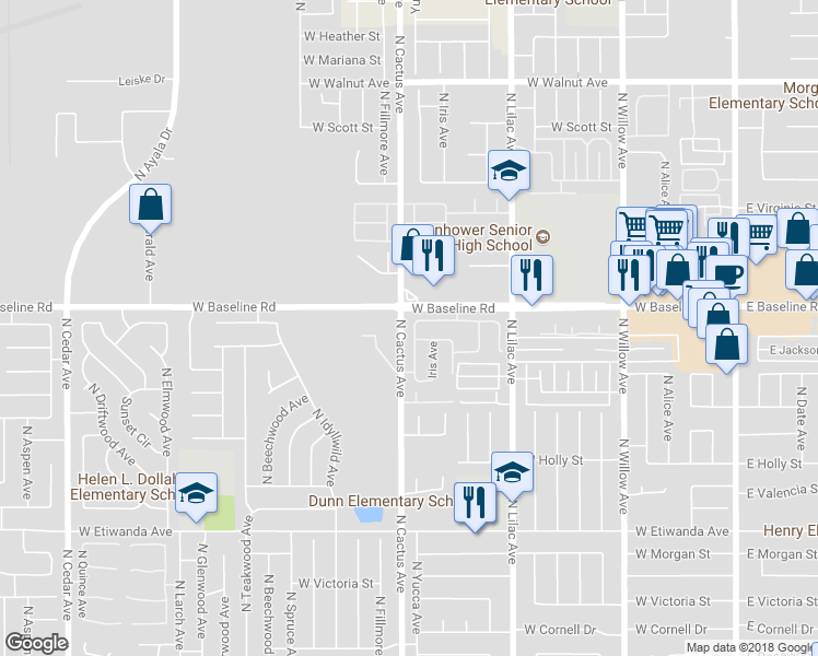 map of restaurants, bars, coffee shops, grocery stores, and more near 1132 North Yucca Avenue in Rialto