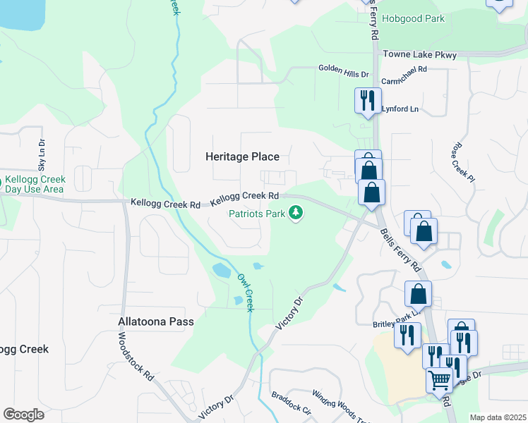 map of restaurants, bars, coffee shops, grocery stores, and more near 1005 Regency Drive in Acworth