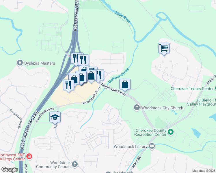 map of restaurants, bars, coffee shops, grocery stores, and more near Ridgewalk Parkway in Woodstock