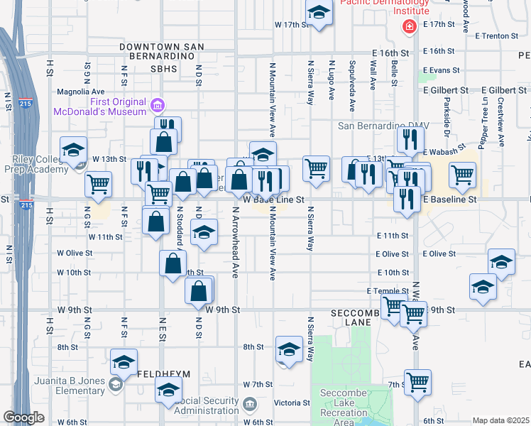 map of restaurants, bars, coffee shops, grocery stores, and more near 220 West Orange Street in San Bernardino