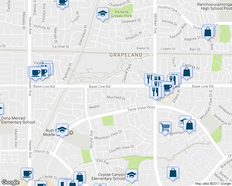 map of restaurants, bars, coffee shops, grocery stores, and more near 11051 Canterbury Court in Rancho Cucamonga