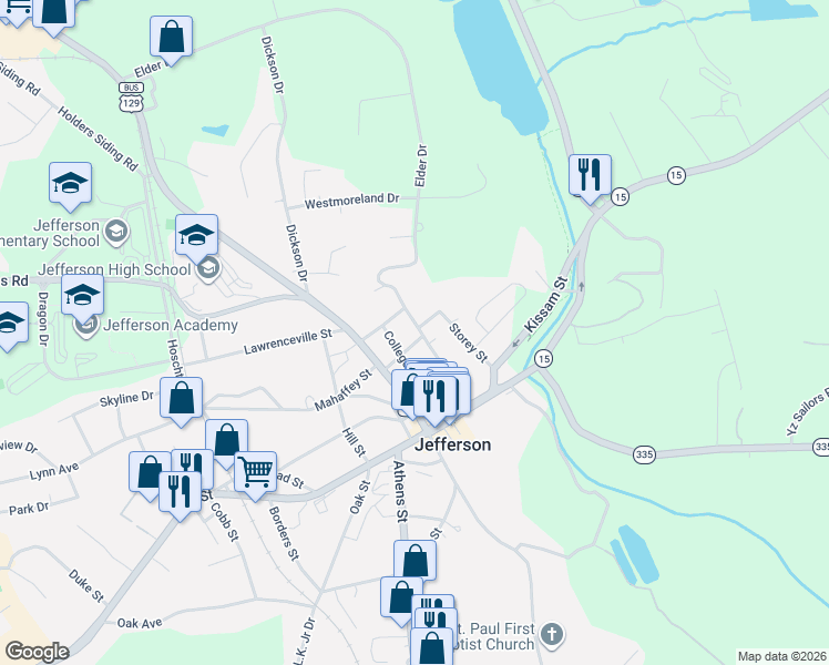 map of restaurants, bars, coffee shops, grocery stores, and more near 91 Church Street in Jefferson