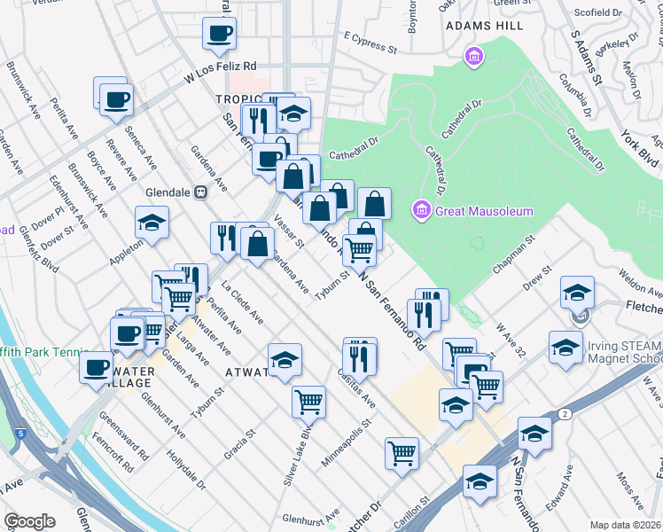 map of restaurants, bars, coffee shops, grocery stores, and more near 1815 Tyburn Street in Glendale