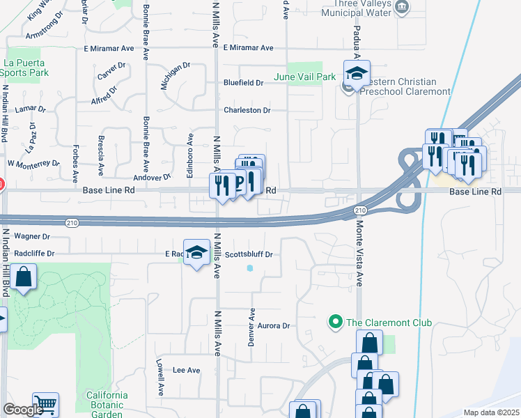 map of restaurants, bars, coffee shops, grocery stores, and more near 740 Lander Circle in Claremont