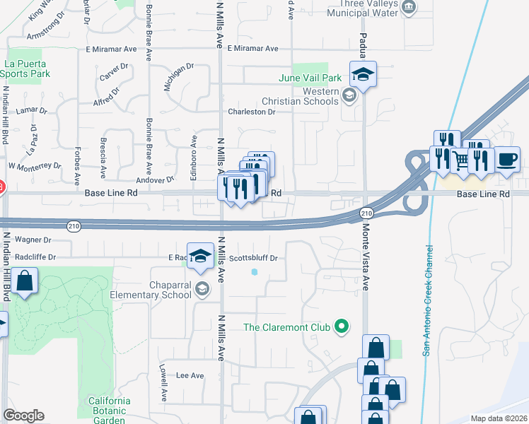 map of restaurants, bars, coffee shops, grocery stores, and more near 740 Lander Circle in Claremont