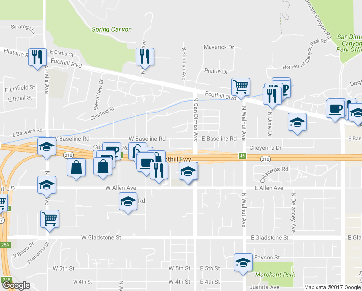 map of restaurants, bars, coffee shops, grocery stores, and more near 133 West Alford Street in San Dimas