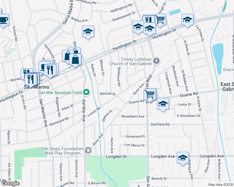map of restaurants, bars, coffee shops, grocery stores, and more near 2745 Melville Drive in San Marino