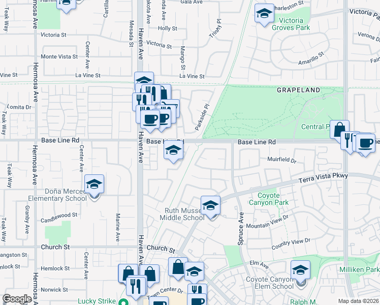 map of restaurants, bars, coffee shops, grocery stores, and more near 7331 Ambrosia Road in Rancho Cucamonga