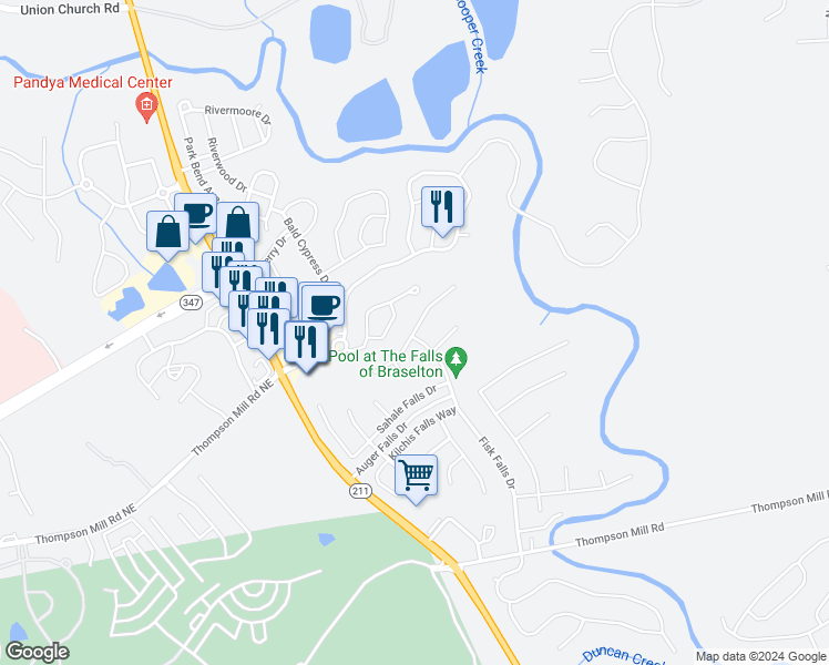 map of restaurants, bars, coffee shops, grocery stores, and more near 1807 Madrid Falls Rd in Braselton