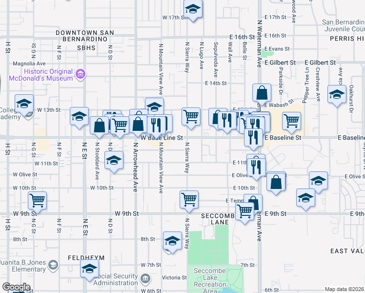 map of restaurants, bars, coffee shops, grocery stores, and more near 1153 North Sierra Way in San Bernardino