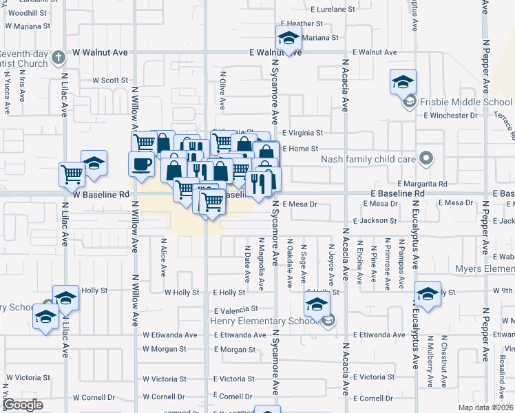 map of restaurants, bars, coffee shops, grocery stores, and more near 243 East Baseline Road in Rialto