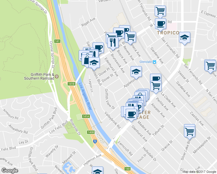 map of restaurants, bars, coffee shops, grocery stores, and more near 3841 Glenfeliz Boulevard in Los Angeles