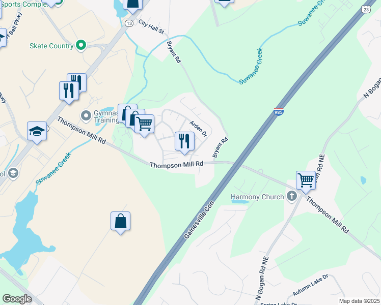 map of restaurants, bars, coffee shops, grocery stores, and more near 2879 Pebblebrook Drive in Buford