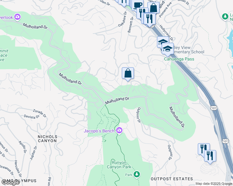 map of restaurants, bars, coffee shops, grocery stores, and more near 7287 Pacific View Drive in Los Angeles