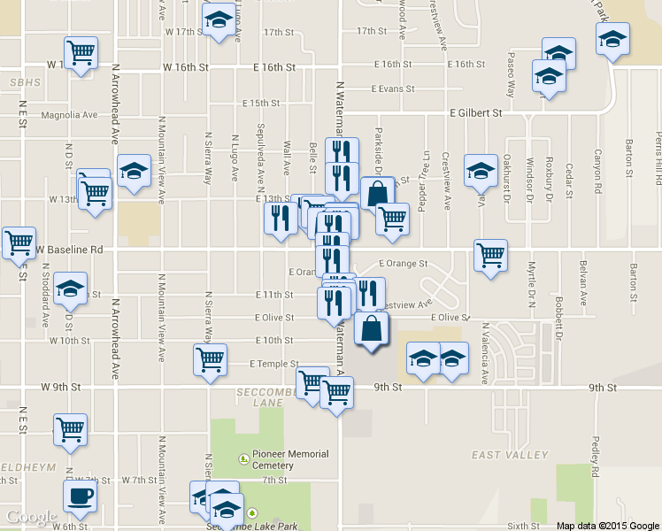 map of restaurants, bars, coffee shops, grocery stores, and more near 280 East Orange Street in San Bernardino
