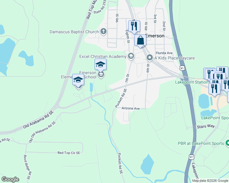 map of restaurants, bars, coffee shops, grocery stores, and more near 155 Old Alabama Road Southeast in Emerson